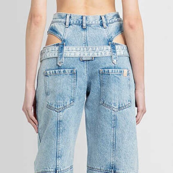 Hip Cutout Belted Light Wash Straight Leg Jeans Pants - Picture 3 of 7